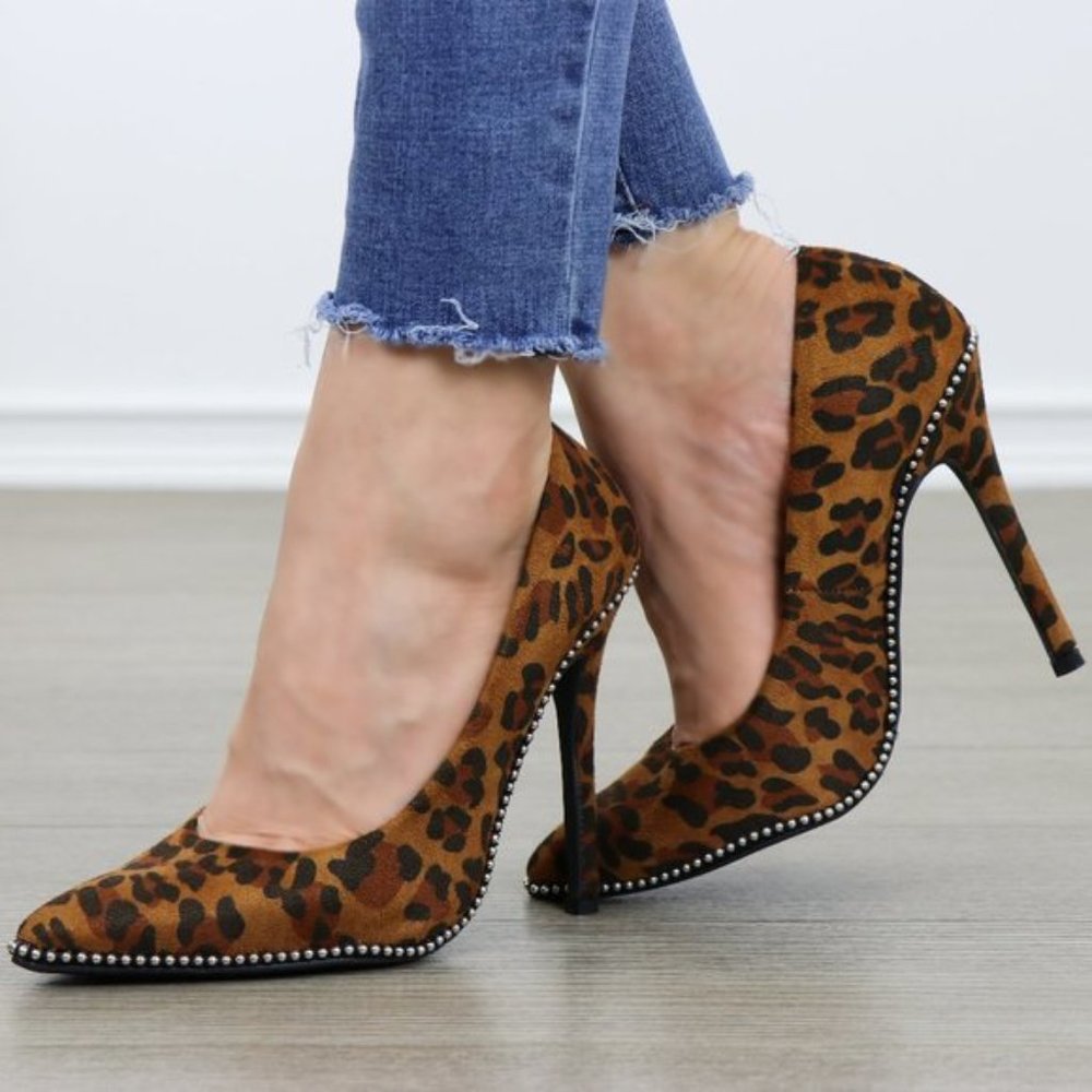 Leopard Vegan Suede High Heel Pumps With Studs - Picture 2 of 6